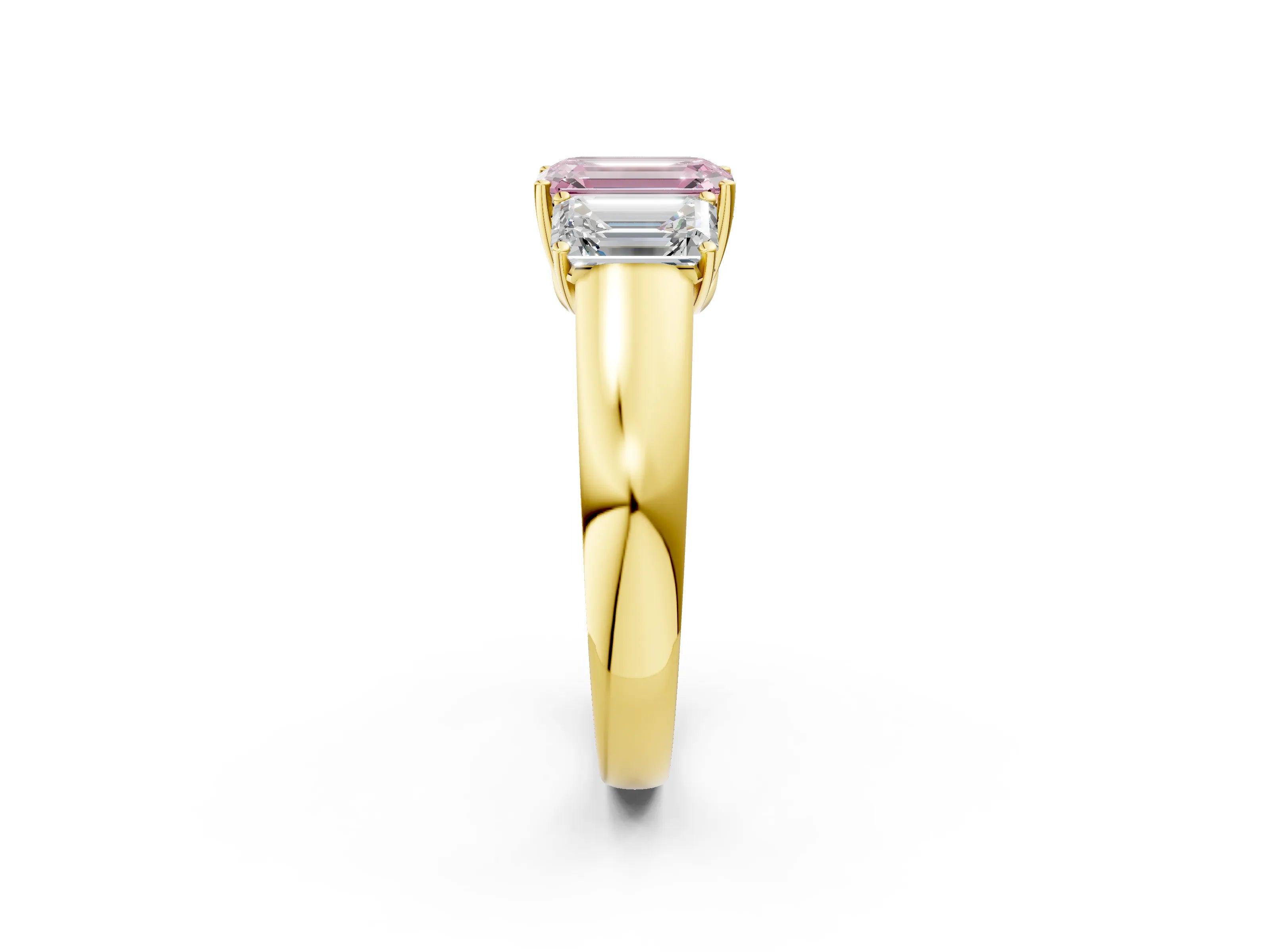Yellow gold Three-Stone Fancy Pink Emerald Cut Cut Diamond Ring with Prong Setting and Classic Band_2