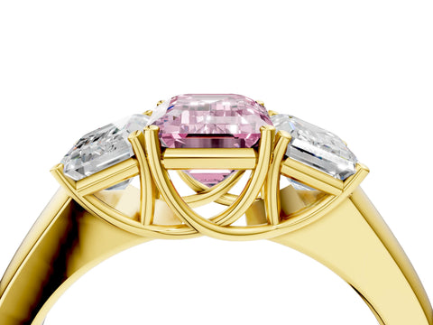 Yellow gold Three-Stone Fancy Pink Emerald Cut Cut Diamond Ring with Prong Setting and Classic Band_4