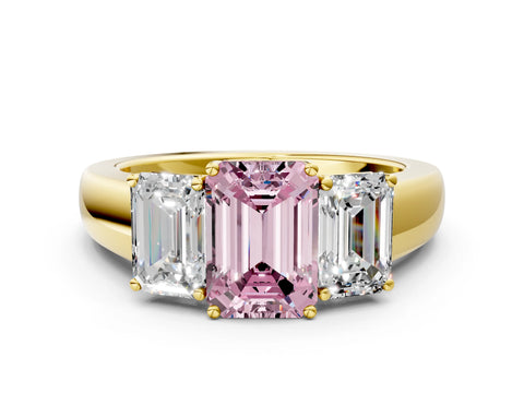 Yellow gold Three-Stone Fancy Pink Emerald Cut Cut Diamond Ring with Prong Setting and Classic Band