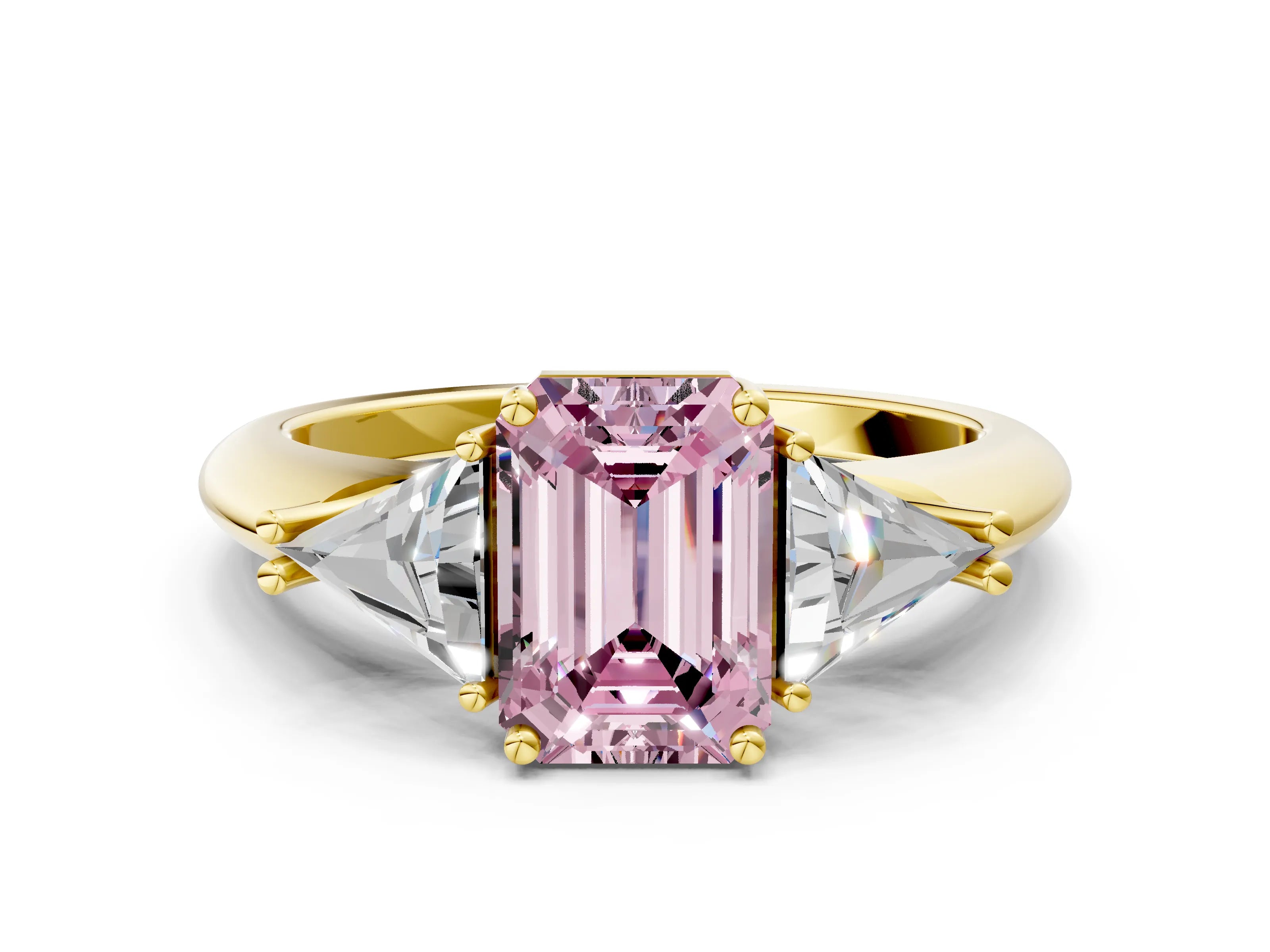 Yellow gold Three-Stone Fancy Pink Emerald Cut Cut Diamond Ring with Trillion Side Stones and Four-Prong Setting_3