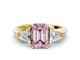 Yellow gold Three-Stone Fancy Pink Emerald Cut Cut Diamond Ring with Trillion Side Stones and Four-Prong Setting_3