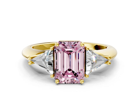 Yellow gold Three-Stone Fancy Pink Emerald Cut Cut Diamond Ring with Trillion Side Stones and Four-Prong Setting_3