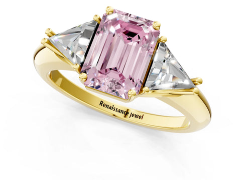 Yellow gold Three-Stone Fancy Pink Emerald Cut Cut Diamond Ring with Trillion Side Stones and Four-Prong Setting_4