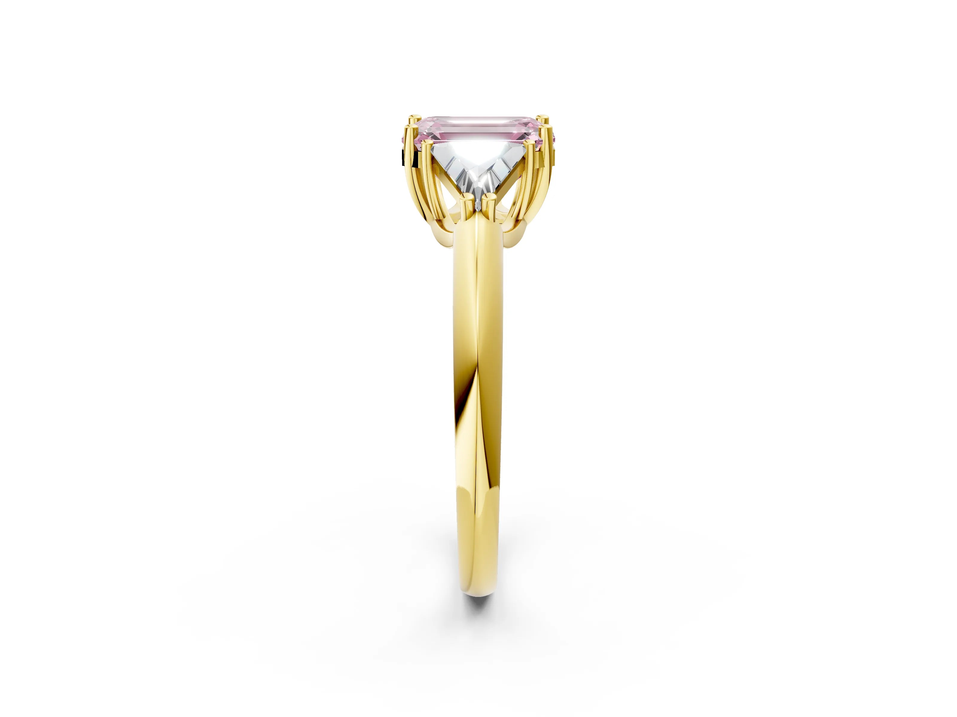 Yellow gold Three-Stone Fancy Pink Emerald Cut Cut Diamond Ring with Trillion Side Stones and Four-Prong Setting_5