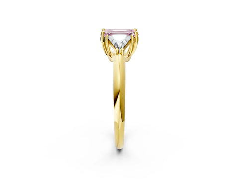 Yellow gold Three-Stone Fancy Pink Emerald Cut Cut Diamond Ring with Trillion Side Stones and Four-Prong Setting_5
