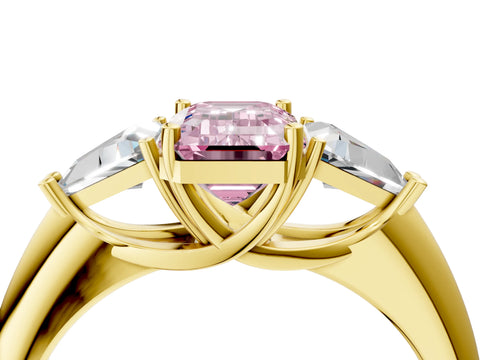 Yellow gold Three-Stone Fancy Pink Emerald Cut Cut Diamond Ring with Trillion Side Stones and Four-Prong Setting_7