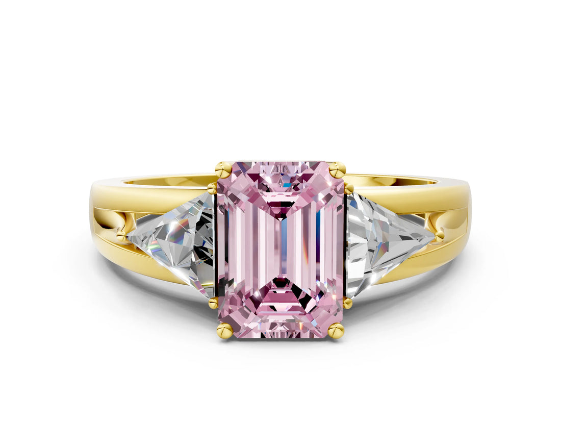 Yellow gold Three-Stone Fancy Pink Emerald Cut Cut Diamond Ring with Trillion Side Stones on a Split Shank Band