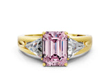 Yellow gold Three-Stone Fancy Pink Emerald Cut Cut Diamond Ring with Trillion Side Stones on a Split Shank Band