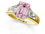 Yellow gold Three-Stone Fancy Pink Emerald Cut Cut Diamond Ring with Trillion Side Stones on a Split Shank Band_1