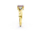 Yellow gold Three-Stone Fancy Pink Emerald Cut Cut Diamond Ring with Trillion Side Stones on a Split Shank Band_2