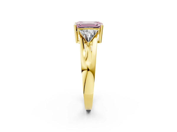 Yellow Gold Emerald Cut Split Shank Three Stone Engagement Ring Setting for Fancy Pink Center