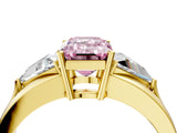 Yellow gold Three-Stone Fancy Pink Emerald Cut Cut Diamond Ring with Trillion Side Stones on a Split Shank Band_4