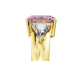 Yellow gold Three-Stone Fancy Pink Emerald Cut Cut Diamond Ring with Trillion Side Stones on a Split Shank Band_5
