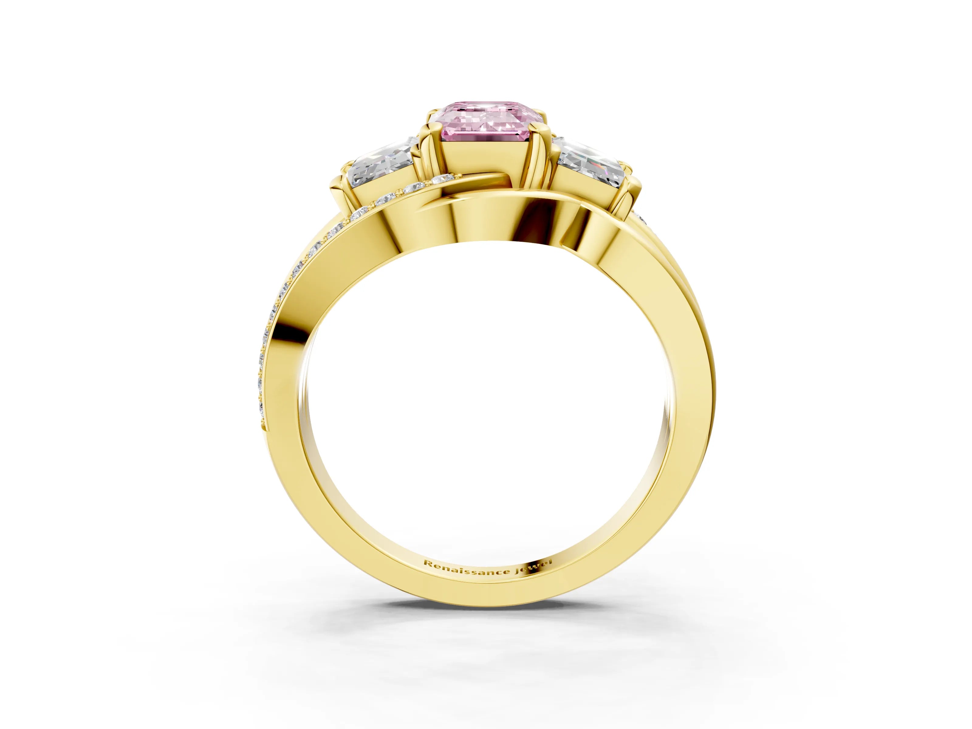 Yellow gold Three-Stone Fancy Pink Emerald Cut Cut Diamond Split Shank Prong Set Ring_15