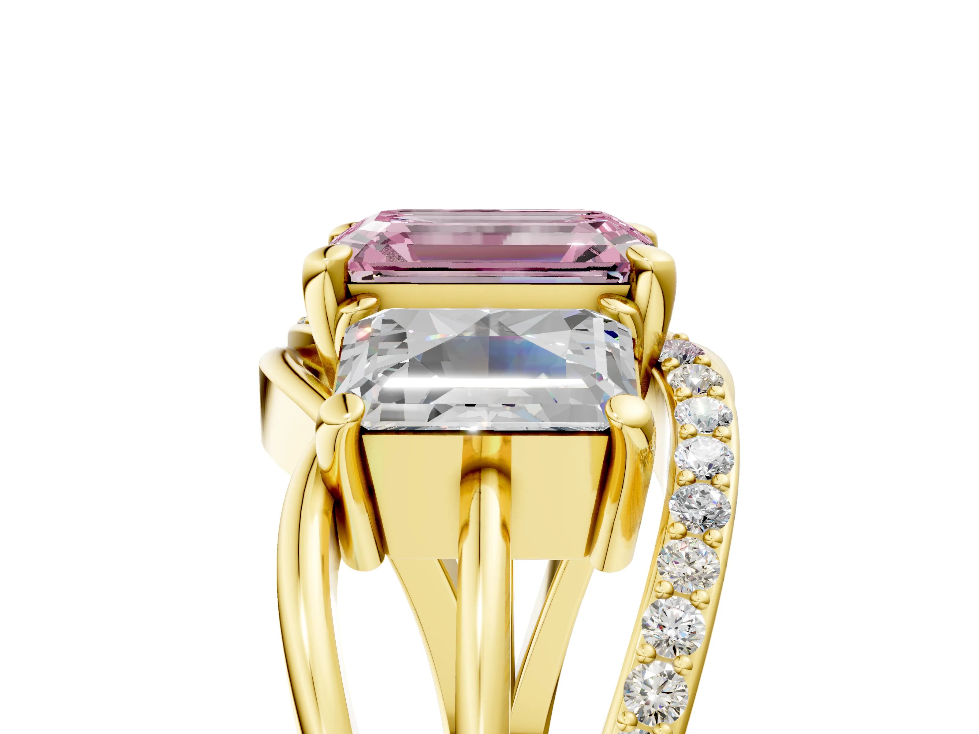 Yellow gold Three-Stone Fancy Pink Emerald Cut Cut Diamond Split Shank Prong Set Ring_17
