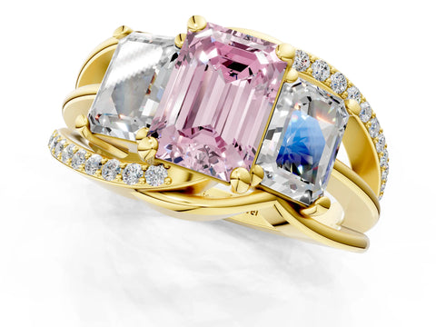 Yellow gold Three-Stone Fancy Pink Emerald Cut Cut Diamond Split Shank Prong Set Ring_1