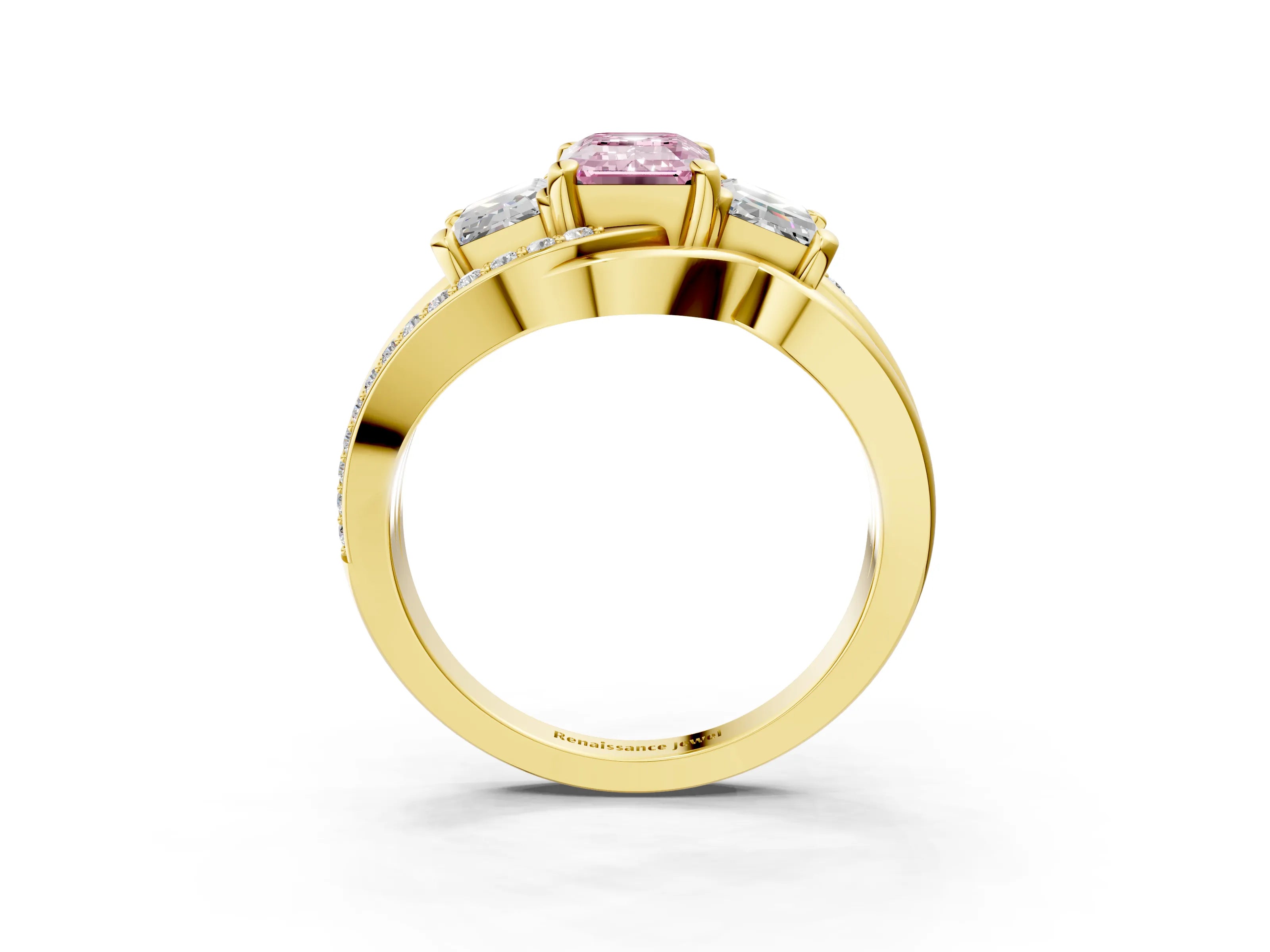 Yellow gold Three-Stone Fancy Pink Emerald Cut Cut Diamond Split Shank Prong Set Ring_3