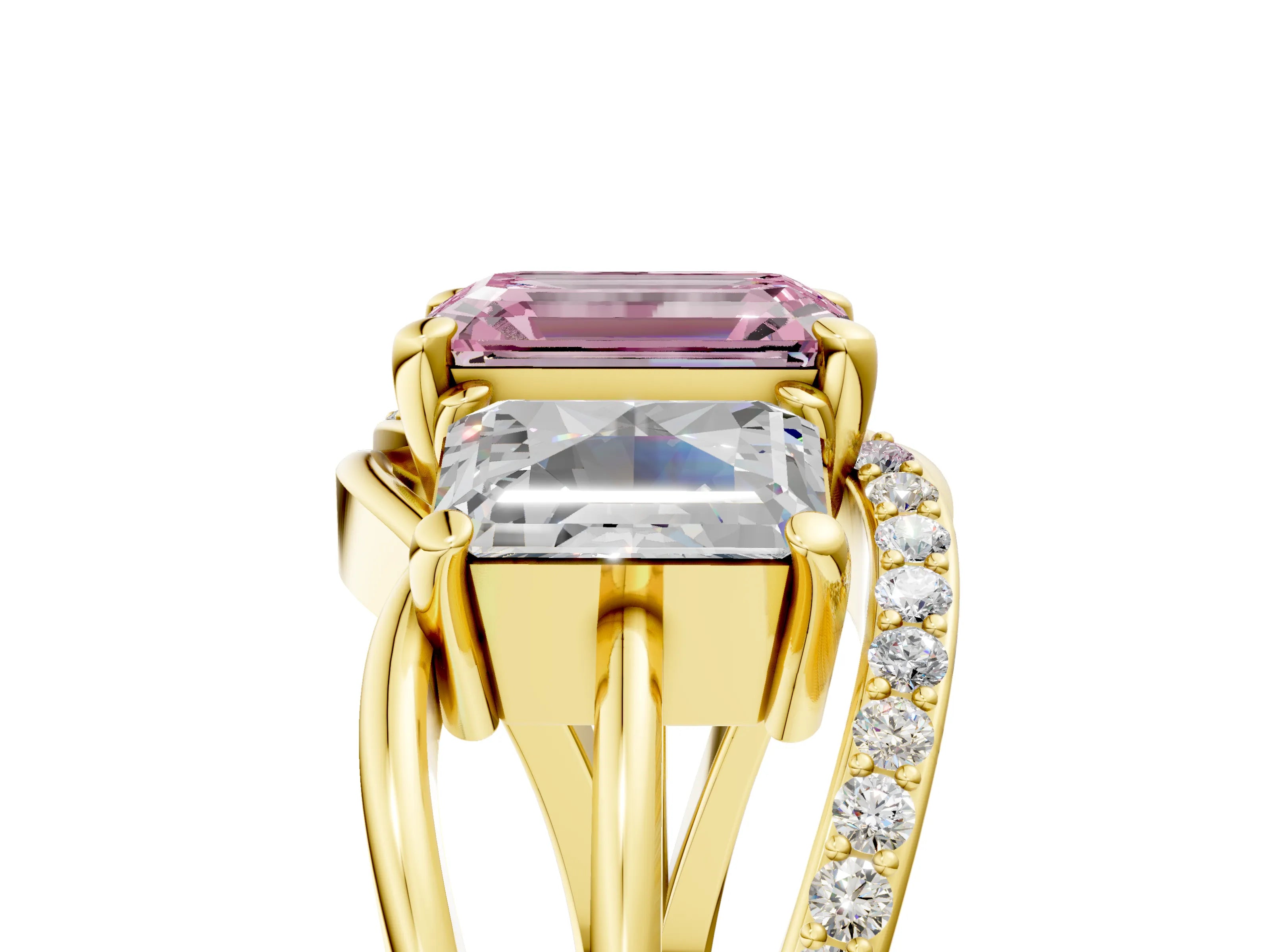 Yellow gold Three-Stone Fancy Pink Emerald Cut Cut Diamond Split Shank Prong Set Ring_5