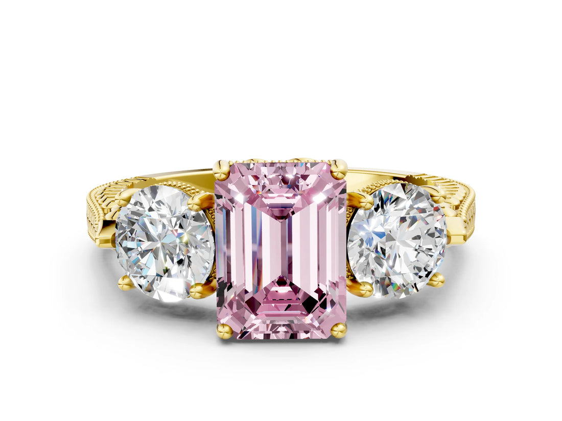 Yellow gold Three-Stone Fancy Pink Emerald Cut Cut Milgrain Band Prong Setting Ring
