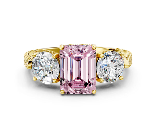 Yellow Gold Emerald Cut Vintage Three Stone Engagement Ring Setting for Fancy Pink Center