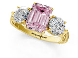 Yellow gold Three-Stone Fancy Pink Emerald Cut Cut Milgrain Band Prong Setting Ring_1