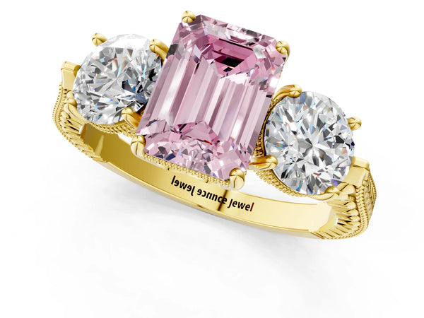 Yellow Gold Emerald Cut Vintage Three Stone Engagement Ring Setting for Fancy Pink Center