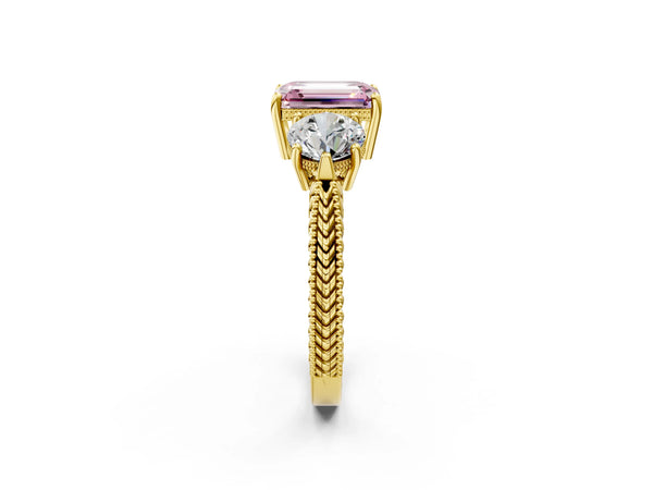 Yellow Gold Emerald Cut Vintage Three Stone Engagement Ring Setting for Fancy Pink Center