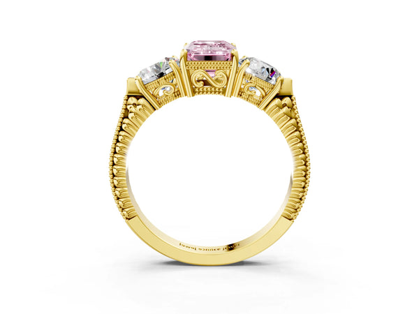 Yellow Gold Emerald Cut Vintage Three Stone Engagement Ring Setting for Fancy Pink Center