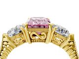 Yellow gold Three-Stone Fancy Pink Emerald Cut Cut Milgrain Band Prong Setting Ring_4