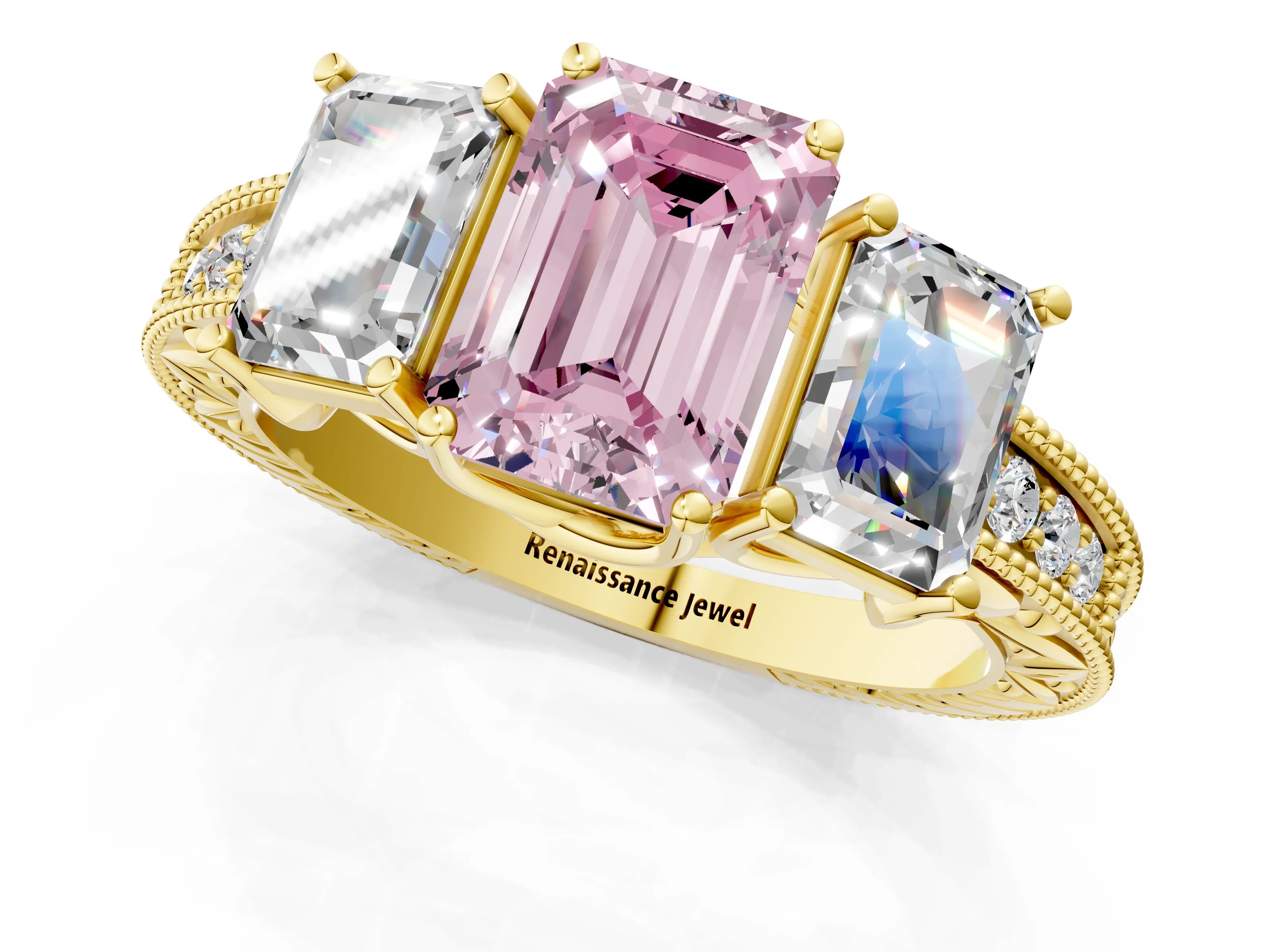 Yellow gold Three-Stone Fancy Pink Emerald Cut Cut Milgrain Pavé Engagement Ring_1