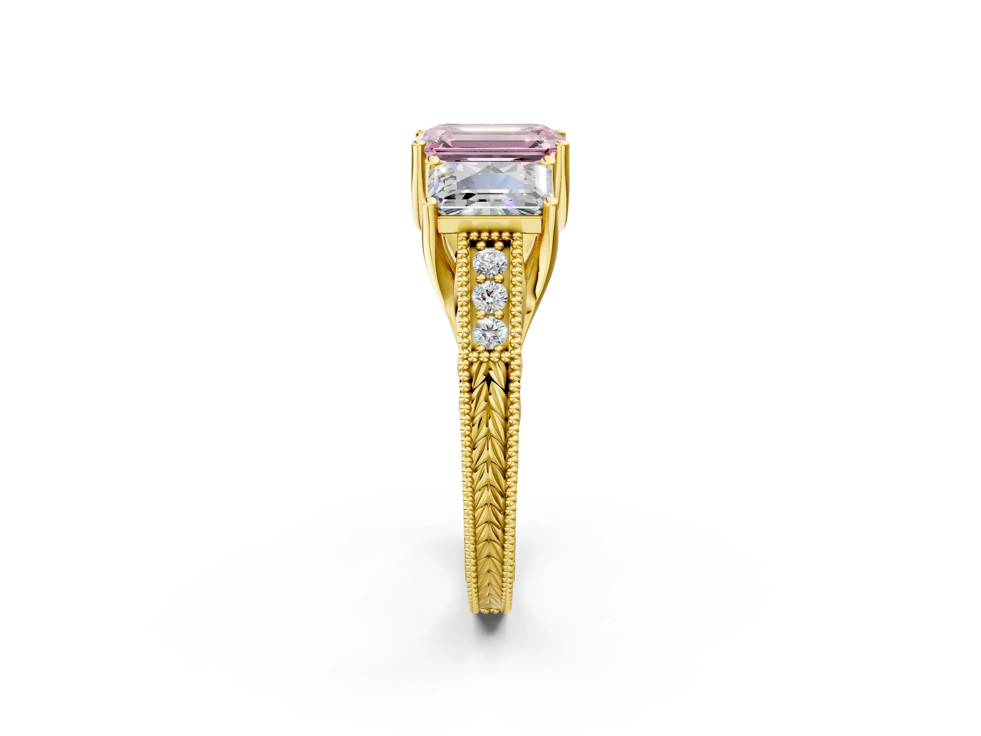 Yellow gold Three-Stone Fancy Pink Emerald Cut Cut Milgrain Pavé Engagement Ring_2