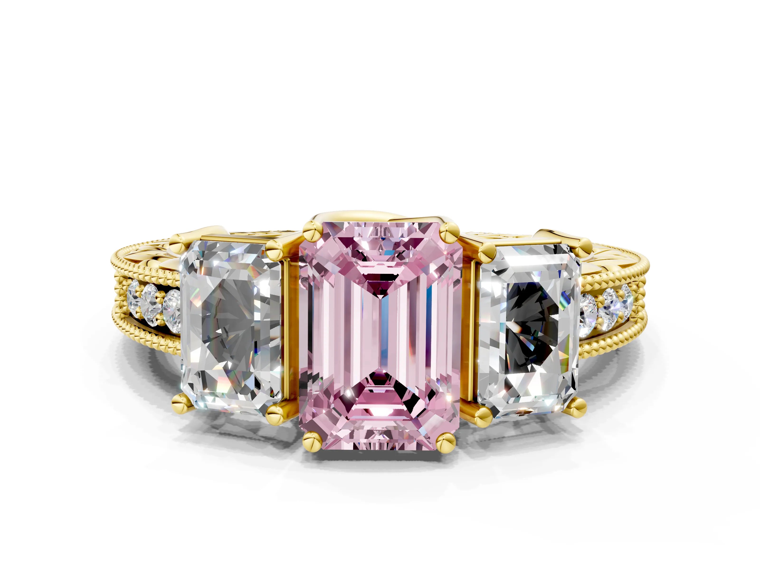 Yellow gold Three-Stone Fancy Pink Emerald Cut Cut Milgrain Pavé Engagement Ring_24