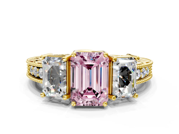 Yellow Gold Emerald Cut Engraved Three Stone Engagement Ring Setting for Fancy Pink Center