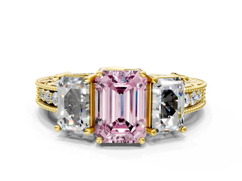 Yellow gold Three-Stone Fancy Pink Emerald Cut Cut Milgrain Pavé Engagement Ring_24