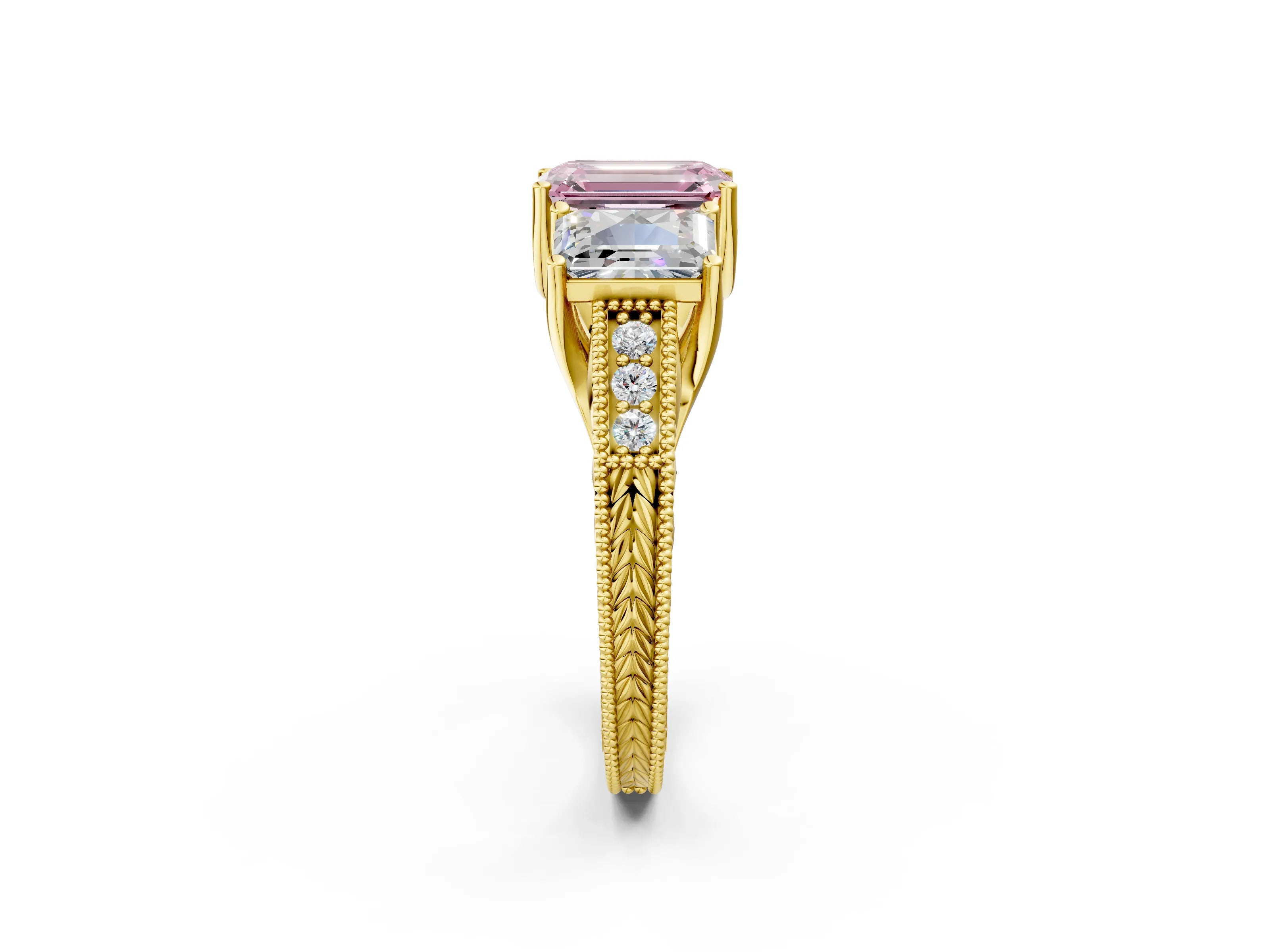 Yellow gold Three-Stone Fancy Pink Emerald Cut Cut Milgrain Pavé Engagement Ring_26