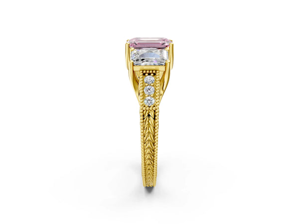 Yellow Gold Emerald Cut Engraved Three Stone Engagement Ring Setting for Fancy Pink Center