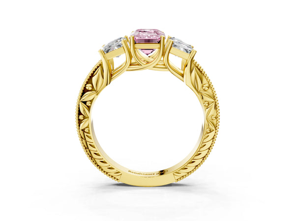 Yellow Gold Emerald Cut Engraved Three Stone Engagement Ring Setting for Fancy Pink Center