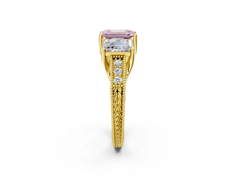 Yellow gold Three-Stone Fancy Pink Emerald Cut Cut Milgrain Pavé Engagement Ring_2
