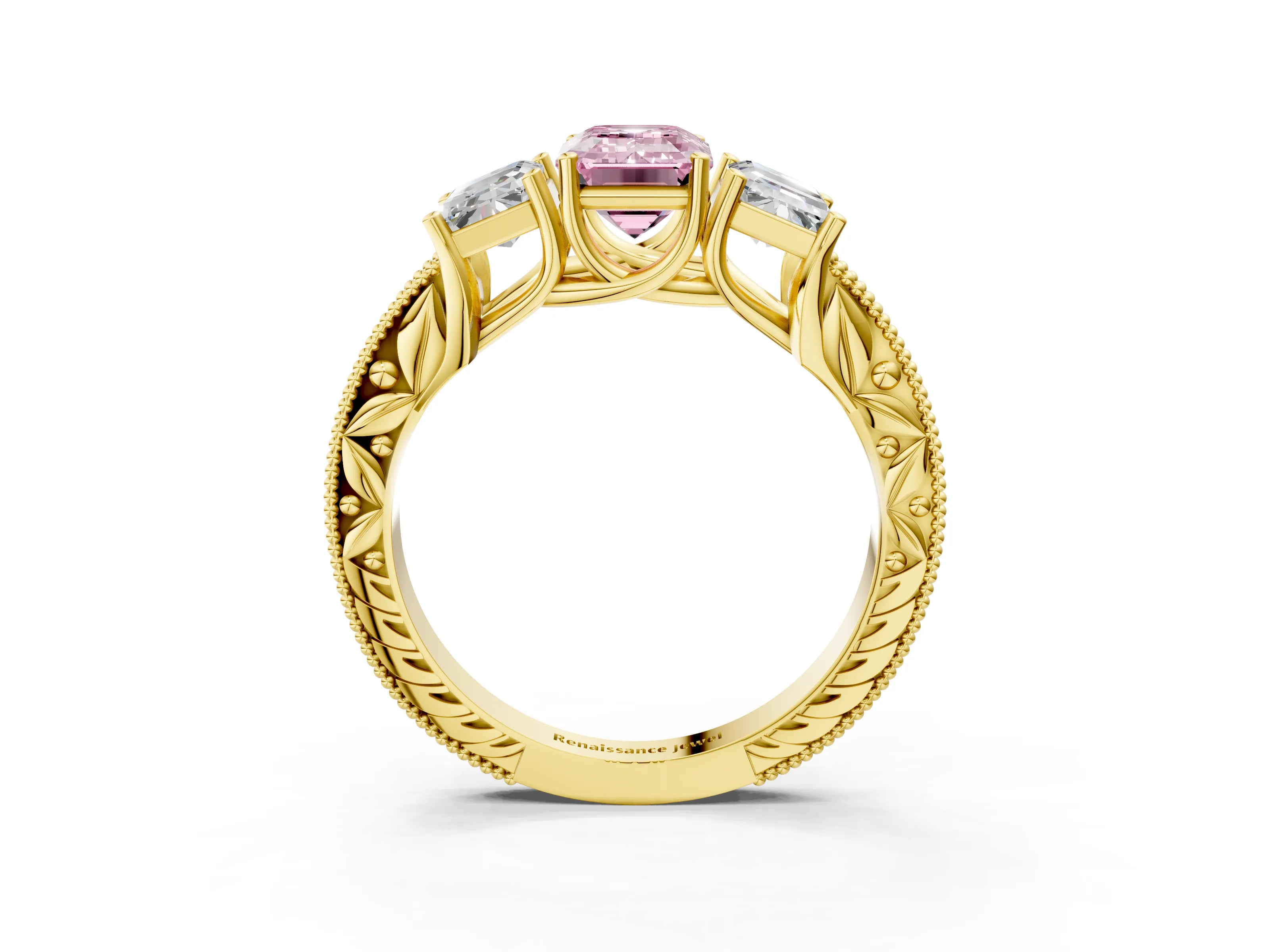 Yellow gold Three-Stone Fancy Pink Emerald Cut Cut Milgrain Pavé Engagement Ring_3