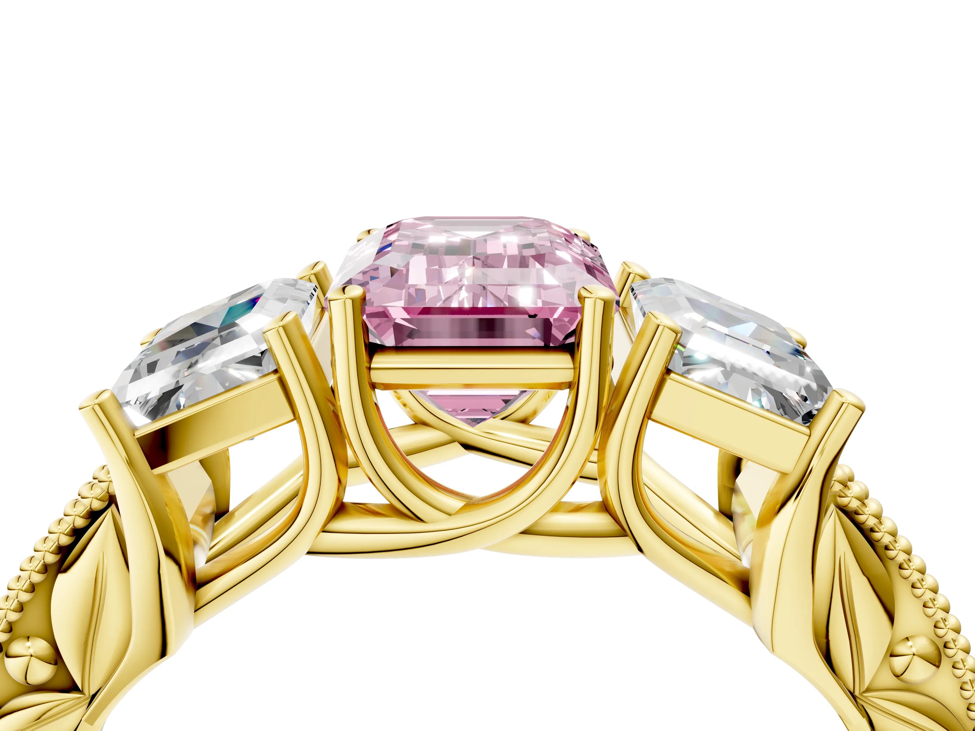 Yellow gold Three-Stone Fancy Pink Emerald Cut Cut Milgrain Pavé Engagement Ring_4