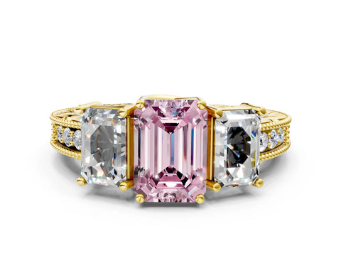Yellow gold Three-Stone Fancy Pink Emerald Cut Cut Milgrain Pavé Engagement Ring