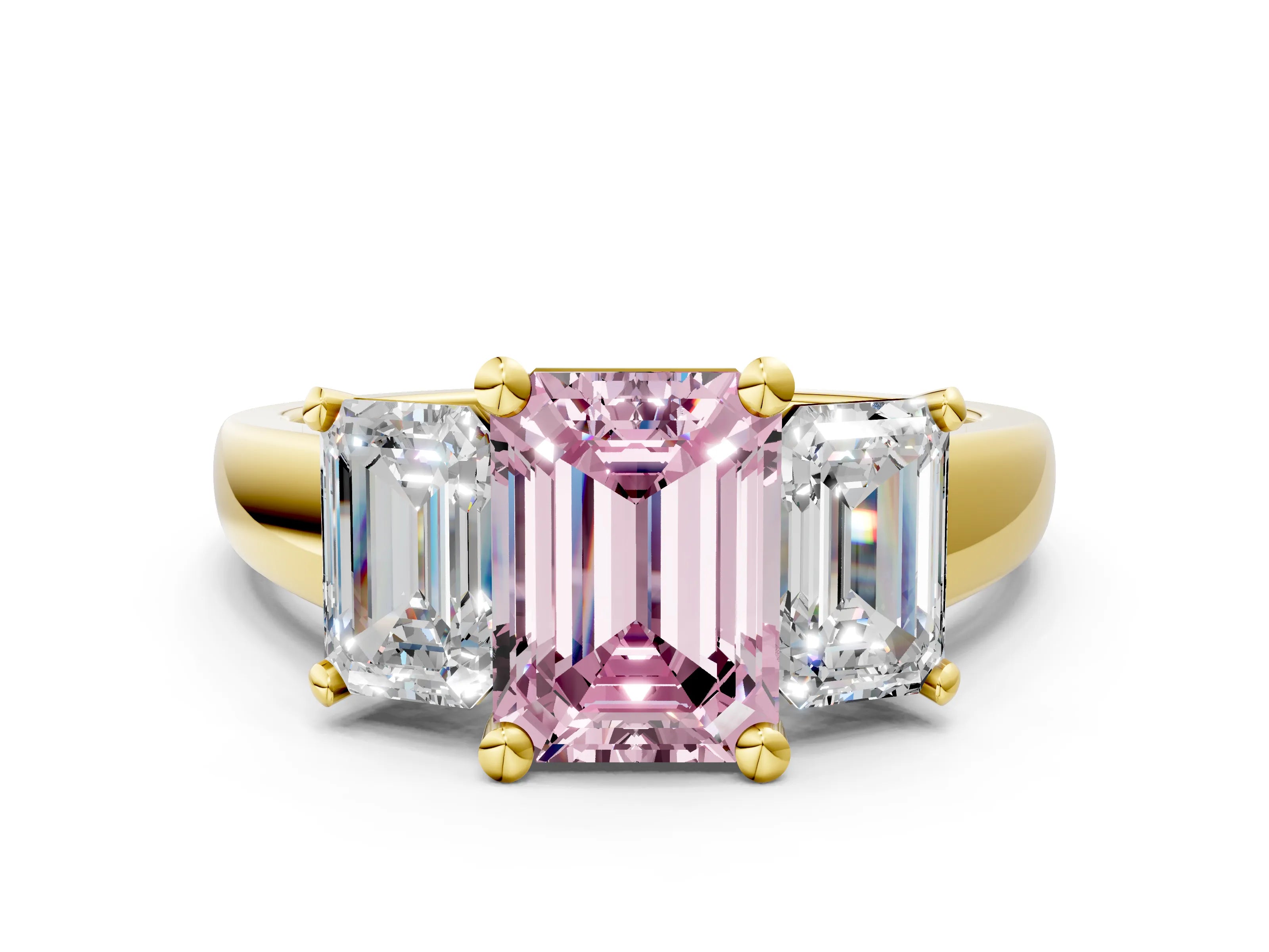 Yellow gold Three-Stone Fancy Pink Emerald Cut Cut Solitaire Ring with Classic Prong Setting