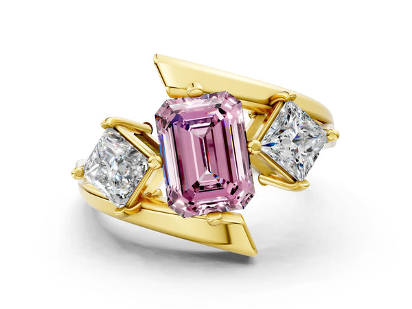 Yellow gold Three-Stone Fancy Pink Emerald Cut Cut Tension Band Ring with Four-Prong Setting