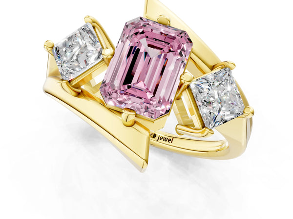 Yellow gold Three-Stone Fancy Pink Emerald Cut Cut Tension Band Ring with Four-Prong Setting