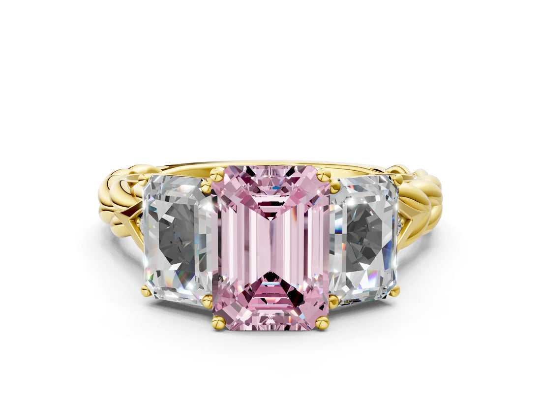Yellow gold Three-Stone Fancy Pink Emerald Cut Diamond Braided Band Ring with Four-Prong Setting_117