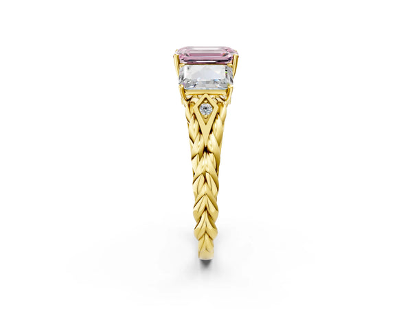 Yellow gold Three-Stone Fancy Pink Emerald Cut Diamond Braided Band Ring with Four-Prong Setting