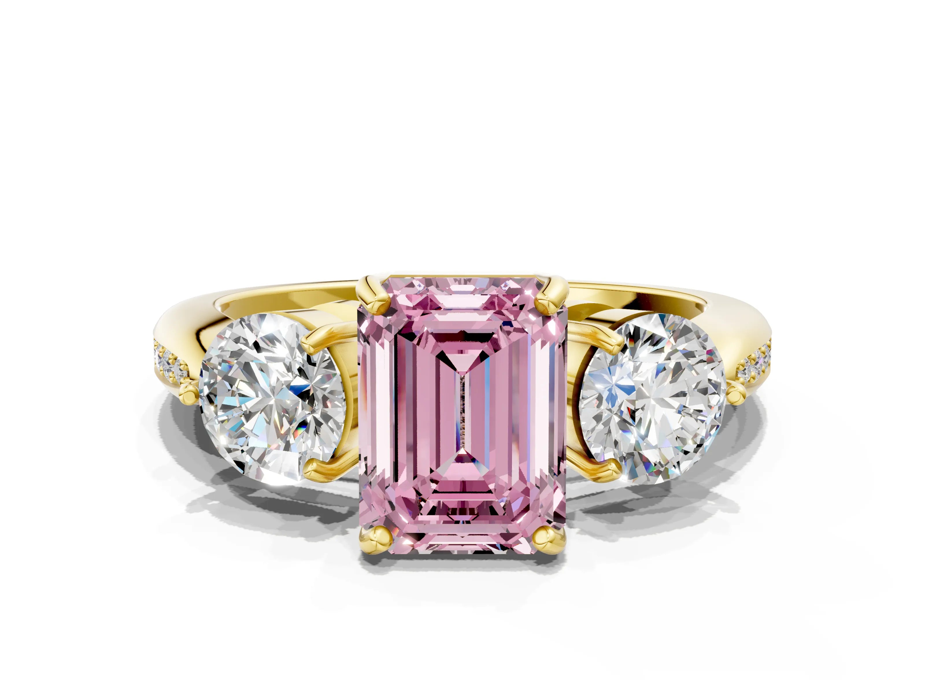 Yellow gold Three-Stone Fancy Pink Emerald Cut Diamond Channel Set Engagement Ring with Prong Setting