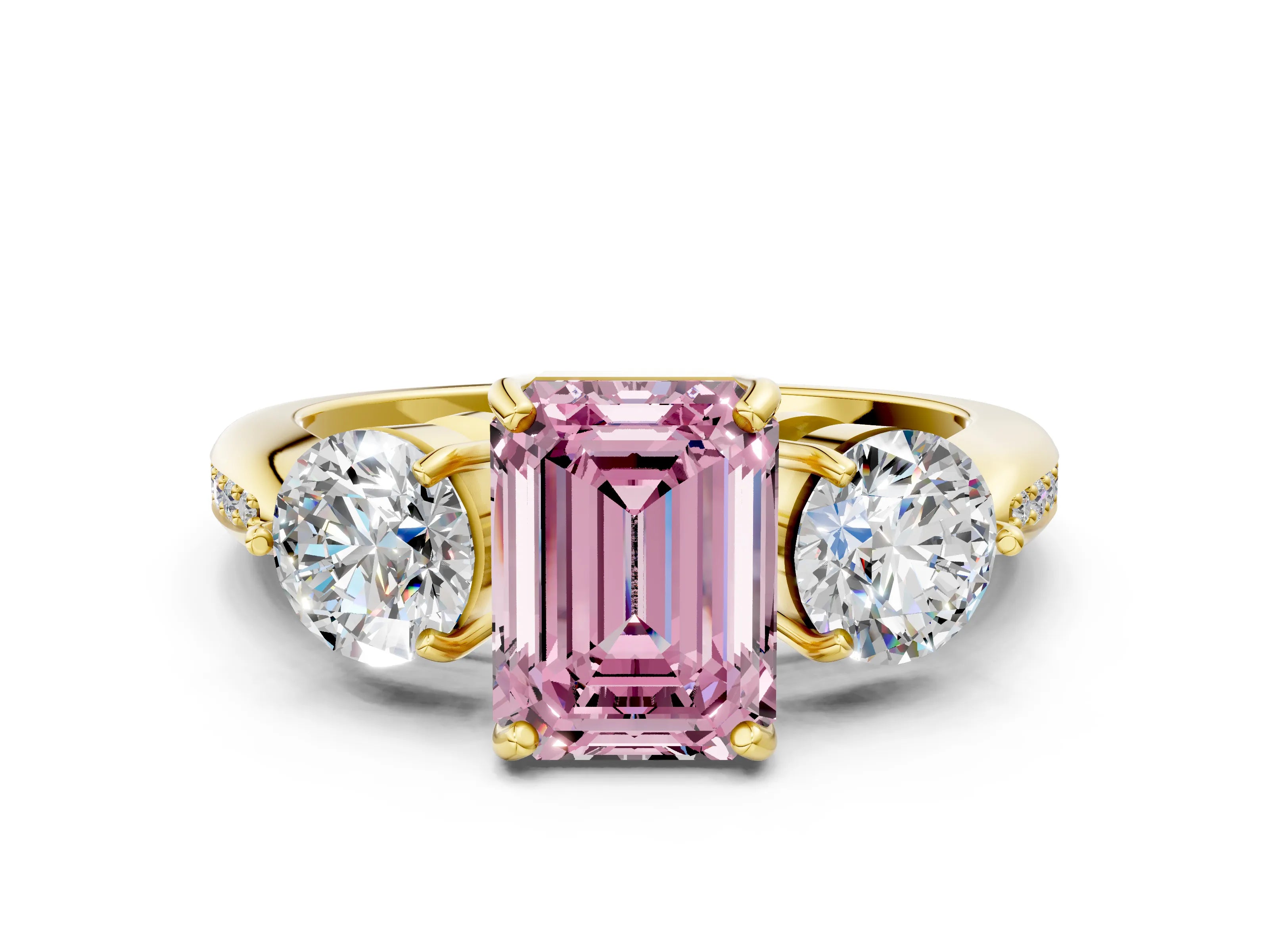 Yellow gold Three-Stone Fancy Pink Emerald Cut Diamond Channel Set Engagement Ring with Prong Setting_12