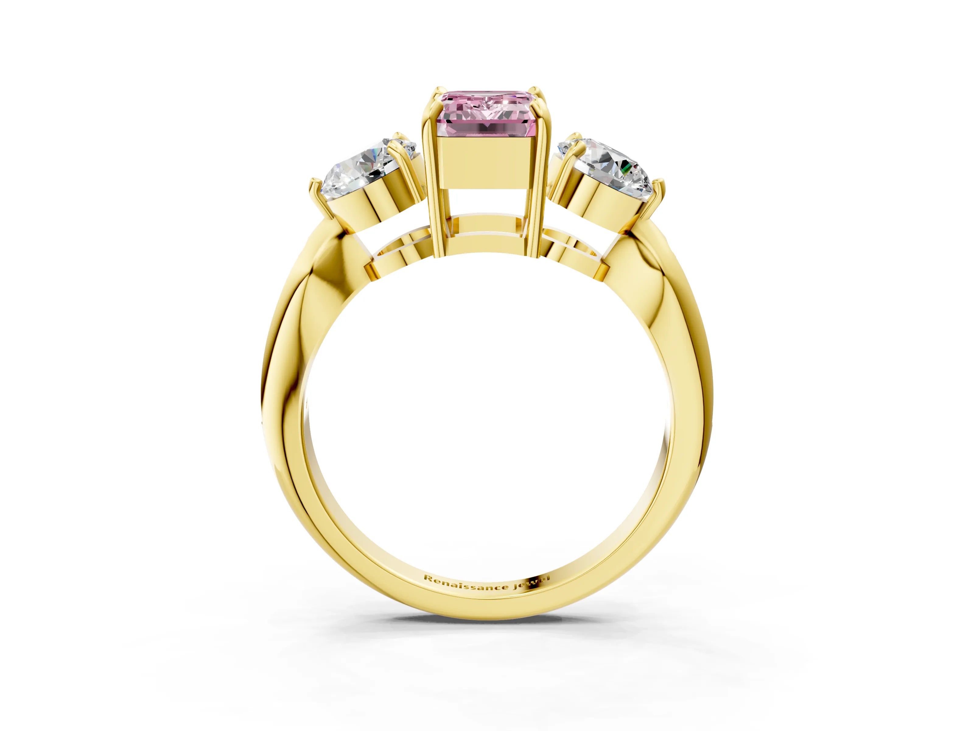 Yellow gold Three-Stone Fancy Pink Emerald Cut Diamond Channel Set Engagement Ring with Prong Setting_15