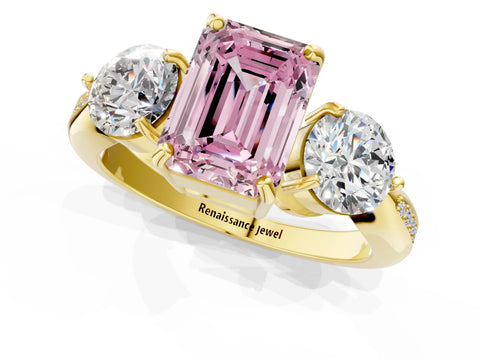 Yellow gold Three-Stone Fancy Pink Emerald Cut Diamond Channel Set Engagement Ring with Prong Setting_1